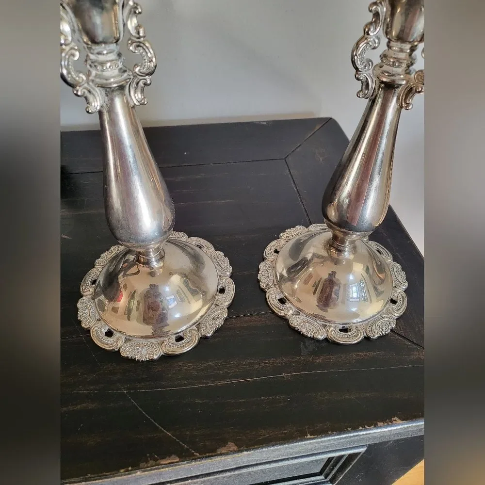 2 Baroque Wallace Silver Plate Antique Victorian Rococo Candlestick Holders 9x4